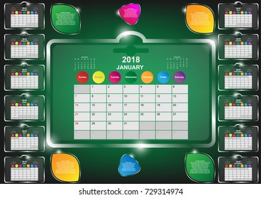 Calendar year 2018. Twelve months calendar year 2018 template. Calendar with pattern background collection. Vector EPS10