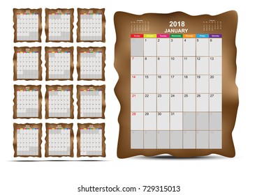 Calendar year 2018. Twelve months calendar year 2018 template. Calendar with pattern background collection. Vector EPS10