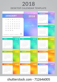 Calendar for the Year 2018. Vector template with colorful blurred background. There you can place a photo, image, slogan or text. Set of 12 monthly pages. Week starts on Sunday. 