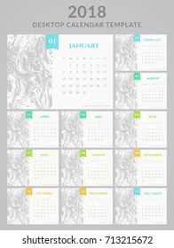 Calendar for the Year 2018. Vector template with marbling background. Set of 12 monthly pages. Week starts on Sunday. 