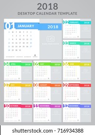 Calendar for the Year 2018. Vector template with place for your photo. Set of 12 monthly pages. Week starts on Sunday.