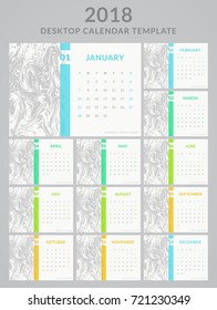 Calendar for the Year 2018. Vector template with marbling background. Set of 12 monthly pages. Week starts on Sunday.