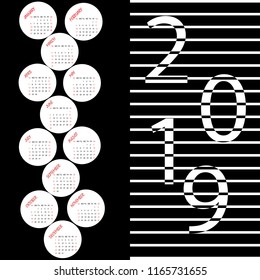 Calendar for the year 2019. Black and white calendar with minimal design. Week starts from Sunday.
