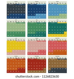 Calendar for the year 2019. Colors indicate the dates of the signs of the zodiac.
