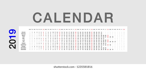 Calendar year 2019 horizontal vector design template, simple and clean design. Calendar for 2019 on White Background for organization and business. Week Starts Monday. Simple Vector Template. EPS10. 