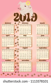 Calendar for the year 2019. Pig symbol of the year in the eastern calendar.