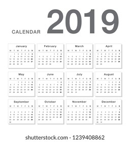 Calendar year 2019 vector design template, simple and clean design. Calendar for 2019 on White Background for organization and business. Week Starts Monday. Simple Vector Template. EPS10.