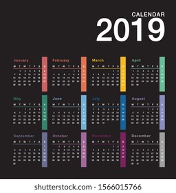 Calendar year 2019 vector design template, simple and clean design. Calendar for 2019 on Black Background