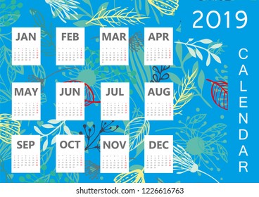 Calendar for the year 2019. Vector graphics