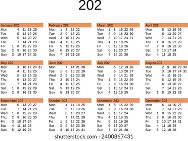 calendar of year 202 in English language