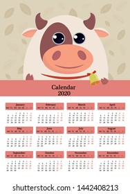 Calendar for the year 2020. Children's poster with a bull with a bell on the background of abstract leaves. The week starts on Monday. 12 months on the page. Vector graphics.