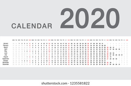 Calendar year 2020 horizontal vector design template, simple and clean design. Calendar for 2020on White Background for organization and business. Week Starts Monday. Simple Vector Template. EPS10. 