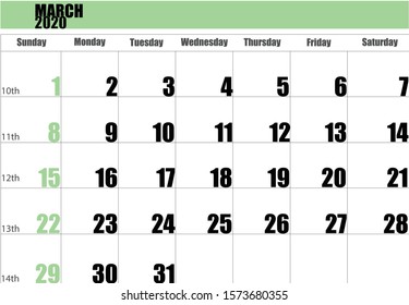 Calendar for year 2020 - monthly. Month March.