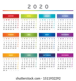 Calendar Year 2020 - Rainbow Colors - 4 Trimesters / Columns - French Language