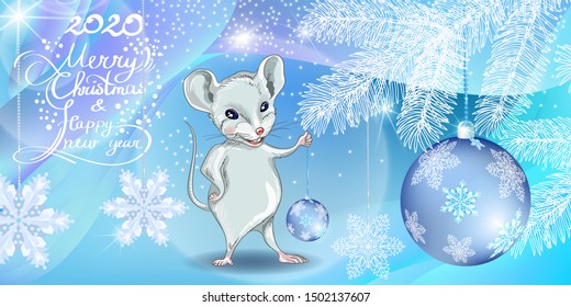 Calendar for the year 2020 Rat, Zodiac sign, Horoscope. White mouse with a Christmas toy. Decorative card-merry Christmas and New year.