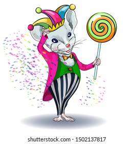 Calendar for the year 2020 Rat, Zodiac sign, Horoscope. White mouse clown with candy. Decorative card-merry Christmas and New year, the month of April - April fools ' Day.