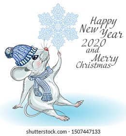 Calendar for the year 2020 Rats, suitable for the month of December, January, Zodiac sign, Horoscope. Drawing of a white mouse with a snowflake. Decorative card-happy new year and merry Christmas.