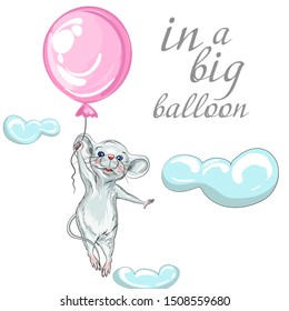 Calendar for the year 2020 Rats, suitable for the month of June, July, Zodiac sign, Horoscope, greeting card-happy new year and Christmas, children's day. Drawing a white mouse on a balloon.