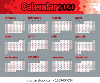 Calendar for year 2020 with stylish red pattern and typography design on the header. Week Starts Sunday.