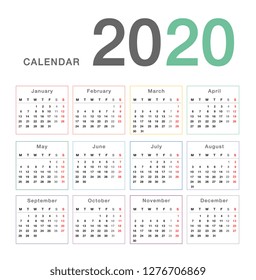 Calendar year 2020 vector design template, simple and clean design. Calendar for 2020 on White Background for organization and business. Week Starts Monday. Simple Vector Template. EPS10.