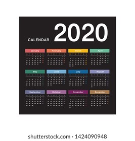 Calendar year 2020 vector design template, simple and clean design. Calendar for 2020 on Black Background