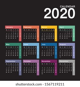 Calendar year 2020 vector design template, simple and clean design. Calendar for 2020 on Black Background
