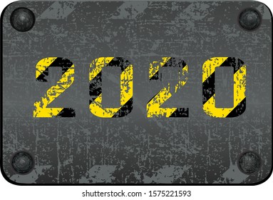 Calendar year 2020 warning vector danger sign. Black and yellow striped inscription for the calendar and diaries of two thousand and twentieth year. Grunge diary design. Vector illustration