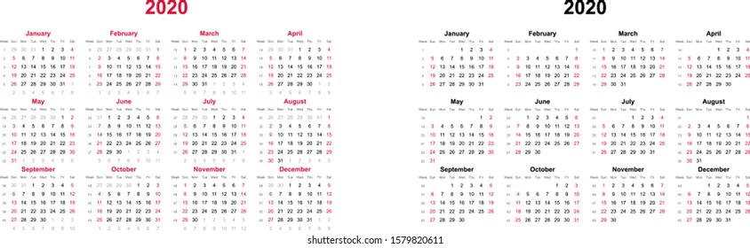 Calendar year 2020. Week starts on Sunday. Twelve months annual calendar vector template on white background. Collection of two sets.