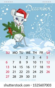 Calendar for the year 2020 of the white rat. Handwritten inscription of the month December. Winter greeting card happy New year and Christmas. Image of a mouse with spruce branches and mountain ash.