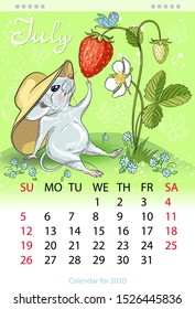 Calendar for the year 2020 of the white rat. Handwritten inscription of the month of July. Decorative greeting card. Image of a mouse with strawberries.