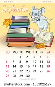 Calendar for the year 2020 of the white rat. Handwritten inscription of the month of September. Decorative greeting card happy new year and Christmas. Image of a mouse in glasses with books.