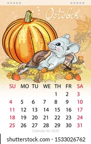 Calendar for the year 2020 of the white rat. Handwritten inscription of the month October. Decorative greeting card-happy thanksgiving. Image of a mouse with a pumpkin.