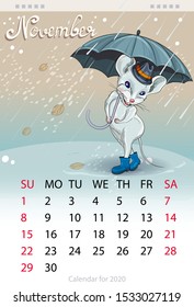 Calendar for the year 2020 of the white rat. Handwritten inscription of the month November. Decorative greeting card happy new year and Christmas. Image of a mouse with an umbrella.