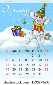 Calendar for the year 2020 of the white rat. Handwritten inscription of the month January. Winter greeting card happy New year and Christmas. The image of the mouse.