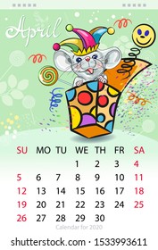 Calendar for the year 2020 of the white rat. Handwritten inscription of the month April. Decorative greeting card with laughter Day and New year. The image of the mouse clown.