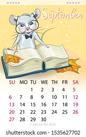 Calendar for the year 2020 of the white rat. Handwritten inscription of the month of September. Decorative greeting card. Image of a mouse with a book and glasses.