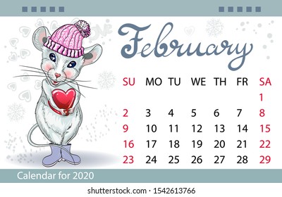 Calendar for the year 2020 of the white rat. Handwritten inscription of the month February. Image of a mouse with a cheese heart. Winter greeting card happy New year and Christmas, Valentine's Day. 