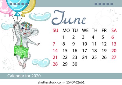 Calendar for the year 2020 of the white rat. Handwritten inscription of the month June.  Image of a mouse on a balloon in the sky. Decorative greeting card with children's day.