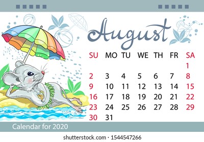 Calendar for the year 2020 of the white rat. Handwritten inscription of the month August.  Image of a mouse on the beach. Decorative greeting card.