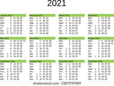 calendar of year 2021 in English language