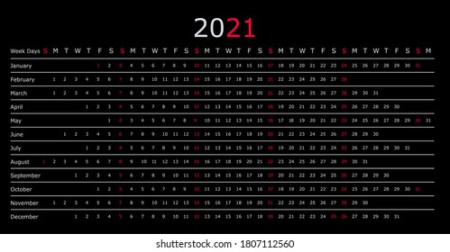 Plantilla de diseño horizontal vectorial 2021 del año natural. Calendario para 2021 sobre fondo negro para organización y negocios. La semana empieza el domingo.