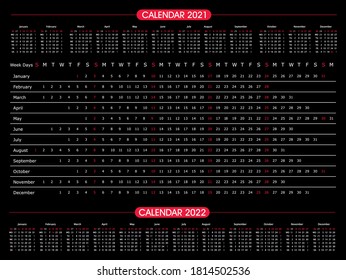 Calendar year 2021 horizontal vector design template. Black and Red. Office design. Calendar for 2021 on White Background for organization and business. Week Starts Sunday.