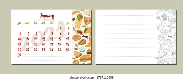 Calendar for the year 2021. January. Calendar sheets with painted products and a place to write your notes and recipes