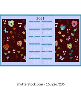 calendar for the year 2021 with the texture of multicolored hearts in the form of flowers on a red background, vector illustration