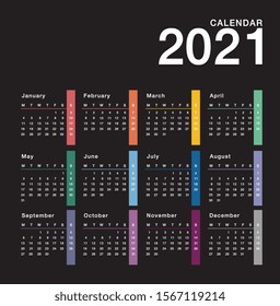 Calendar year 2021 vector design template, simple and clean design. Calendar for 2021 on Black Background