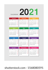 Calendar year 2021 vector design template, simple and clean design. Calendar for 2021 on Background