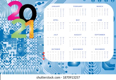 Calendar year 2021 vector design template, Circuit Board Technology Information Pattern Concept Vector Background