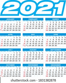 Calendar for year 2021, in vector format. 