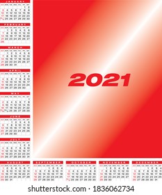 Calendar for year 2021, in vector format. 
