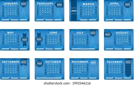 calendar of the year 2022, happy new year, the months of the new year, with blue color design